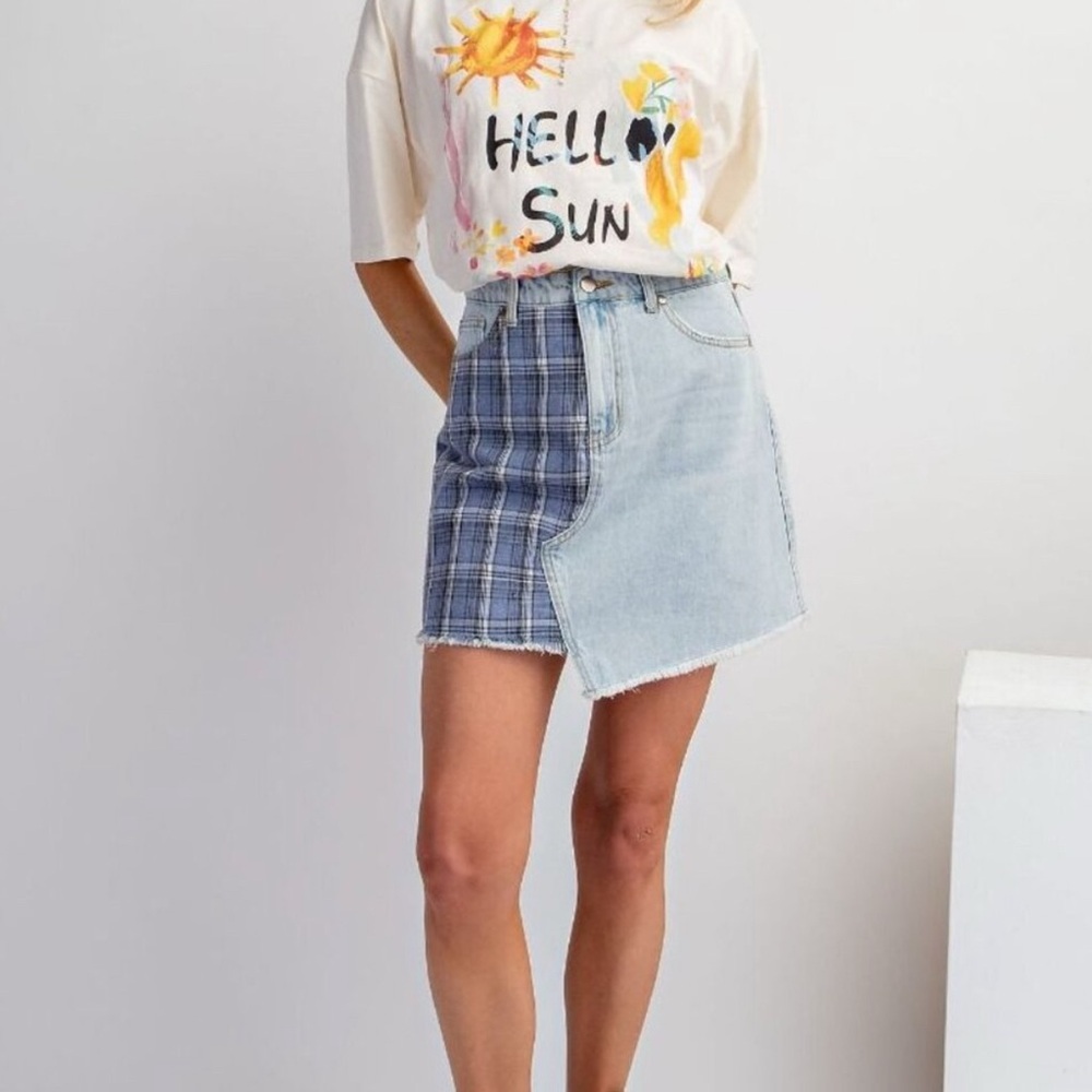 NWT Easel Stylish Blue Denim and Plaid Skirt